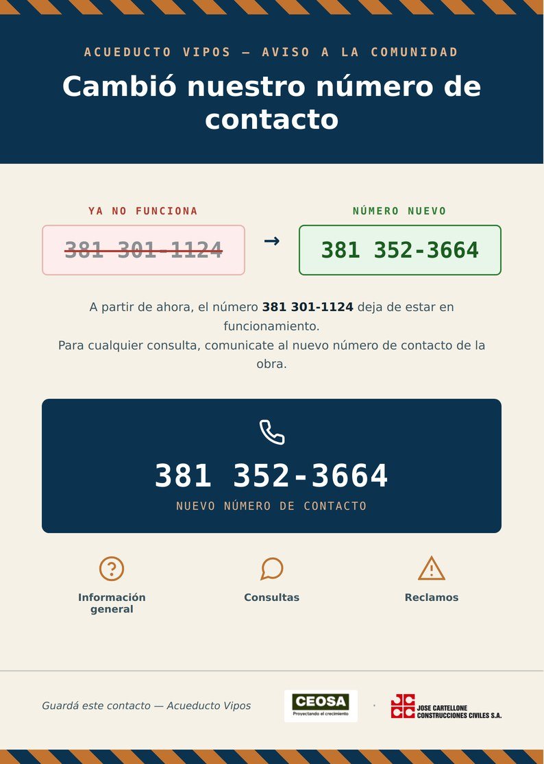 Aviso: cambio de número de contacto de la obra Acueducto Vipos, nuevo número 381 352-3664