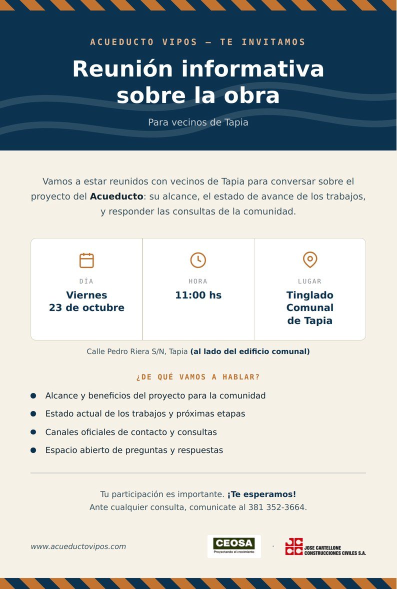 Invitación a la reunión informativa sobre el Acueducto Vipos, viernes 23 de octubre a las 11 horas en el Tinglado Comunal de Tapia