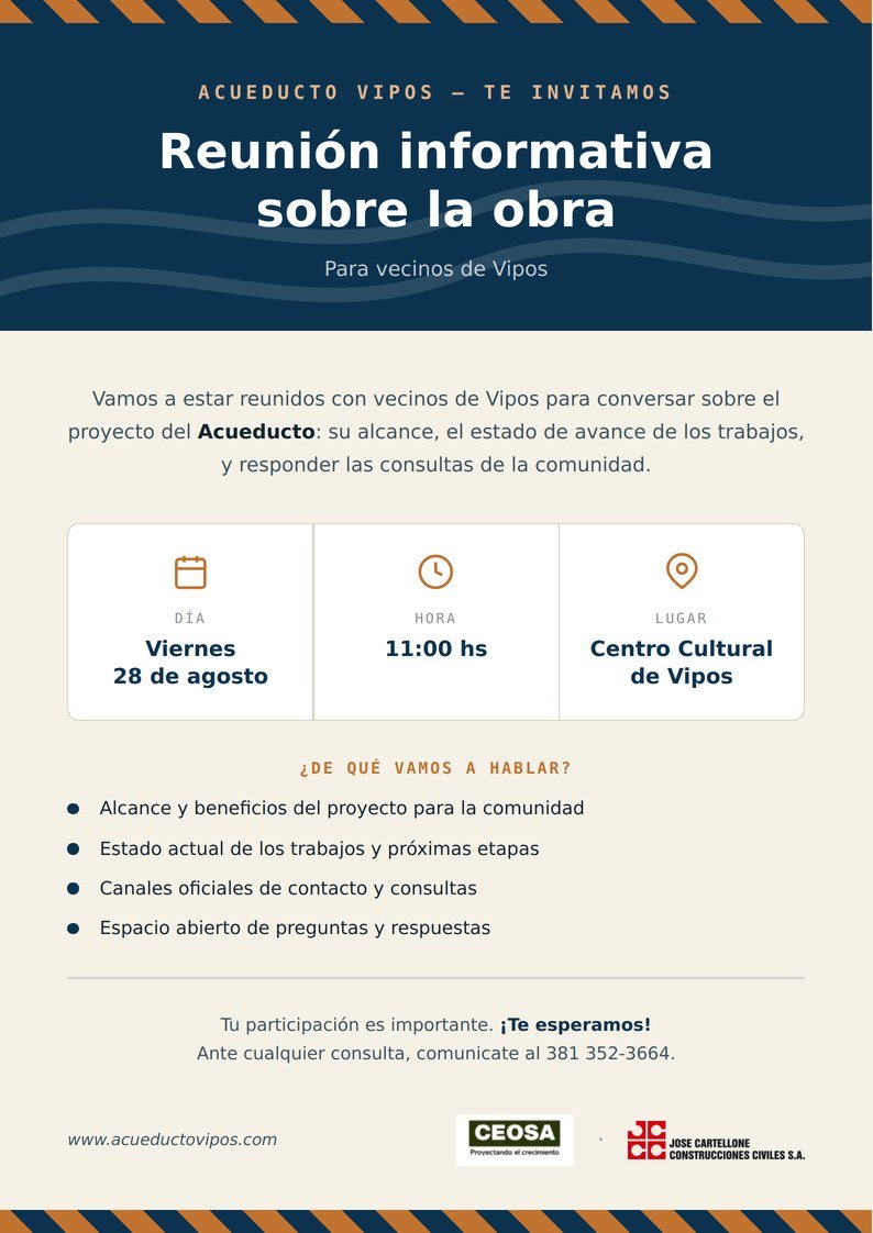 Invitación a la reunión informativa sobre el Acueducto Vipos, viernes 28 de agosto a las 11 horas en el Centro Cultural de Vipos