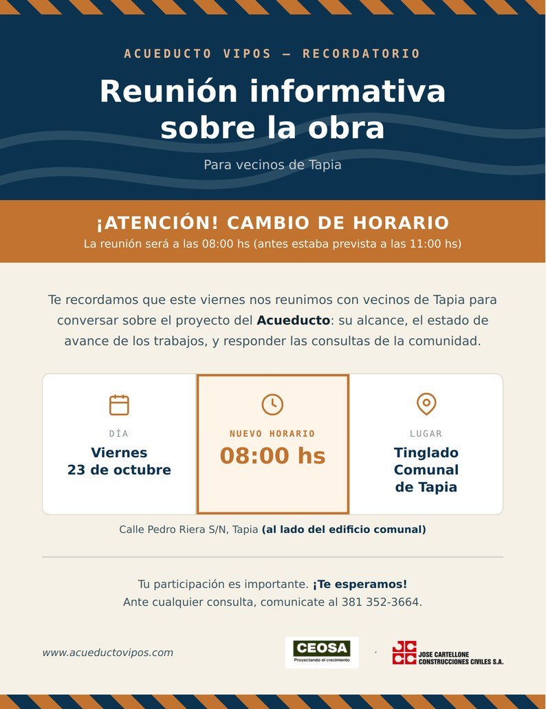 Recordatorio de la reunión informativa en Tapia: viernes 23 de octubre, nuevo horario 08:00 hs, en el Tinglado Comunal de Tapia